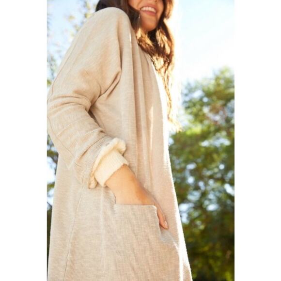 New Donni Cardigan Sweater XL oversized ribbed Neutral Oatmeal Stretch Pockets - Picture 4 of 8